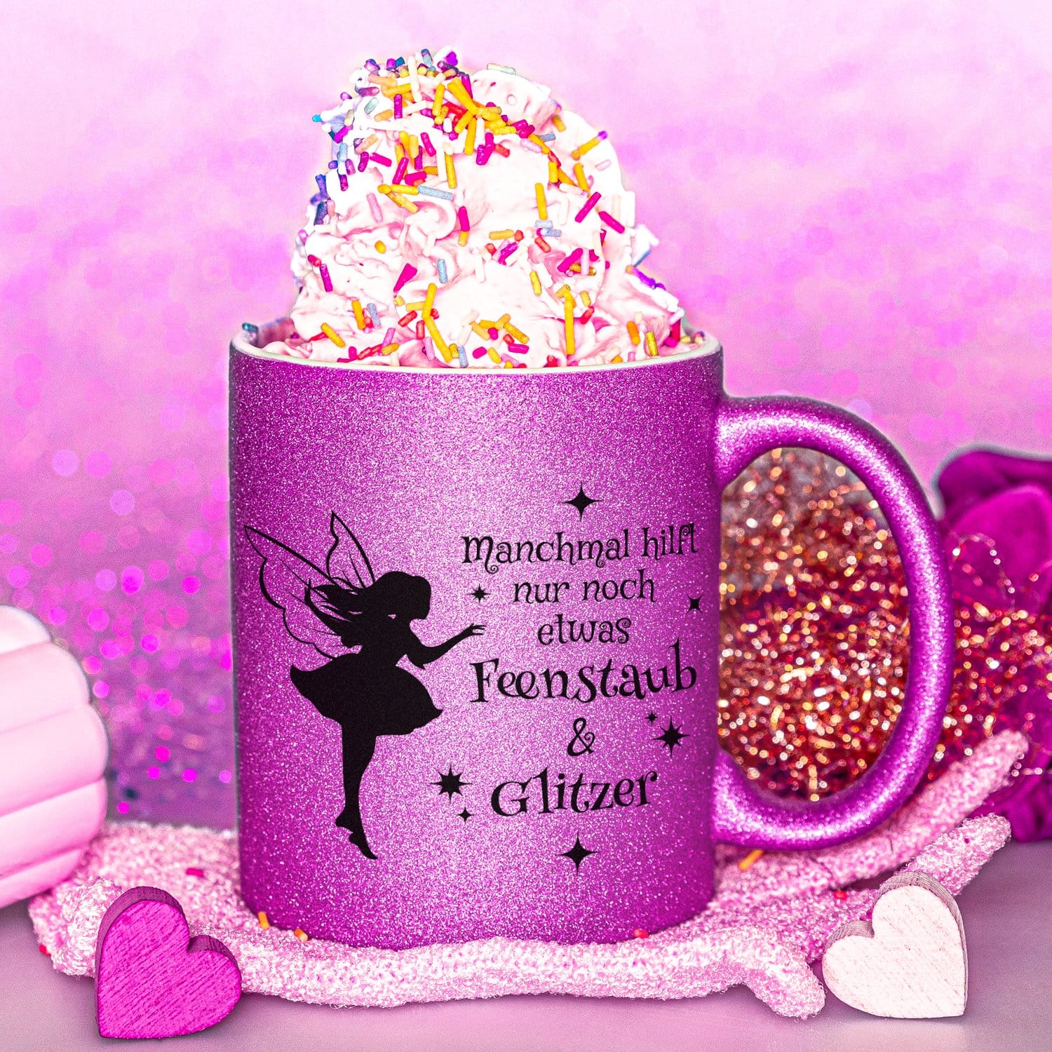 Glitzertasse - Feenstaub & Glitzer - Tasse mit ganz viel Glitzer - Glitzer-Tasse mit Fee und Spruch - Kaffeetasse für Frauen