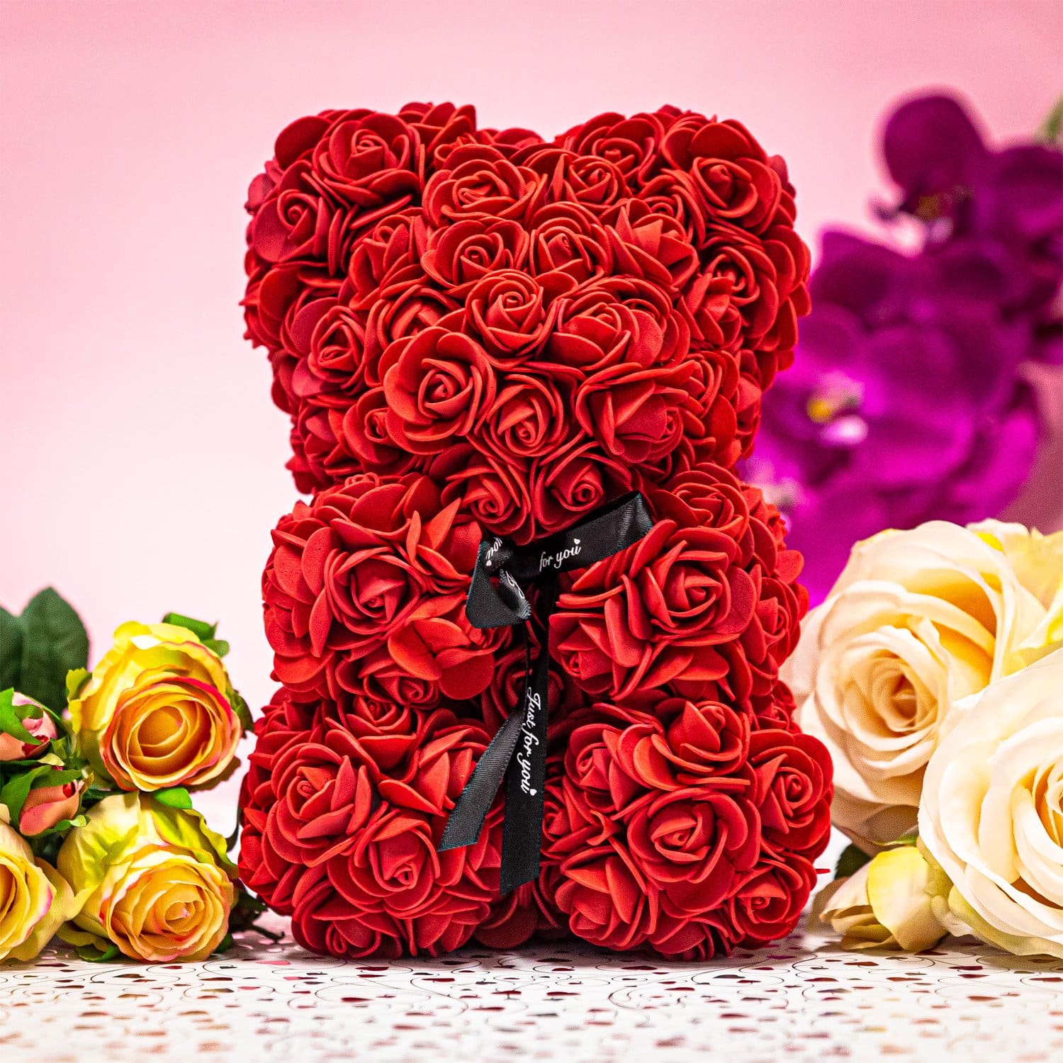 Roter Rosen-Teddy - Blumenbär mit Gutschein