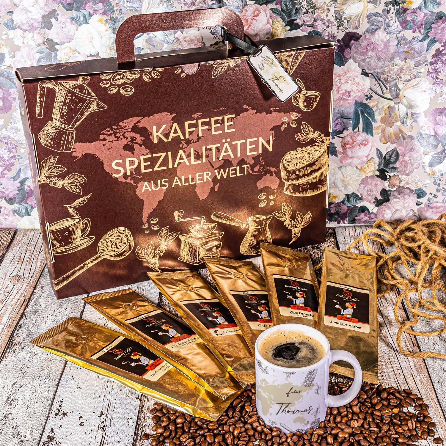 Personalisierbare Kaffeebox mit Kofferanhänger - Kaffee-Set, Kaffee-Geschenkset