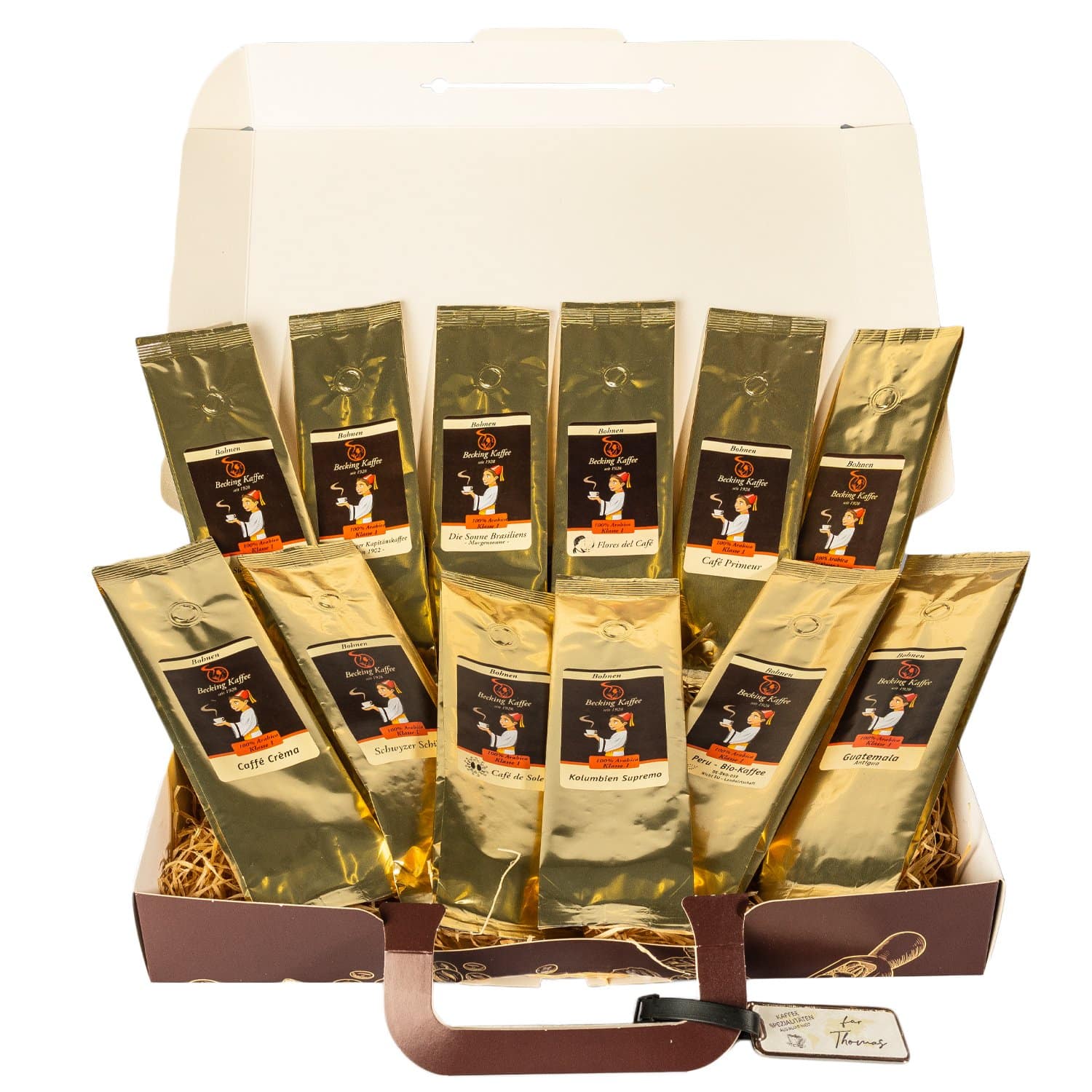 Personalisierbare Kaffeebox mit Kofferanhänger